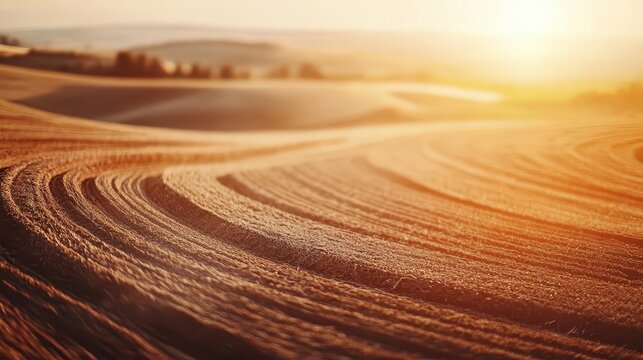 Dry, barren landscape showing severe desertification with sunlight casting warm glow over eroded fields, highlighting climate change impact.