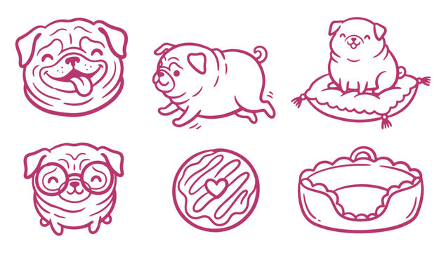 Cute pug dog illustrations with heart design elements on white background