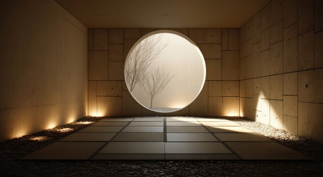 Minimalist architectural interior featuring a large round window with smooth, concrete walls and subtle lighting accents