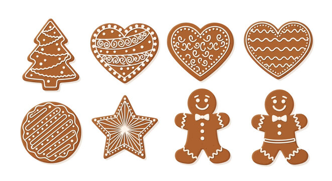 Christmas gingerbread cookies collection featuring festive shapes of heart star tree and gingerbread man with white icing decorations on white background.