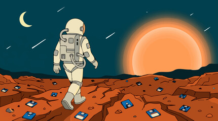 Astronaut explores alien planet littered with floppy disks under starry sky © Drawingbox