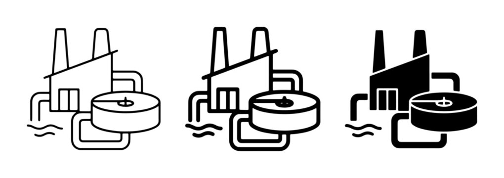 Industrial Water Treatment Plant Icons, Wastewater Processing Facility Vector Graphics, Environmental Engineering Symbols