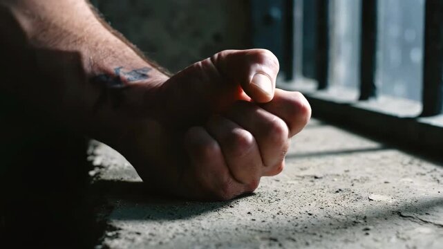 Male hand clenching fist by prison bars in close-up, showing tension, aggression and emotional distress inside confinement, with harsh side light, rough concrete surface and incarceration mood.