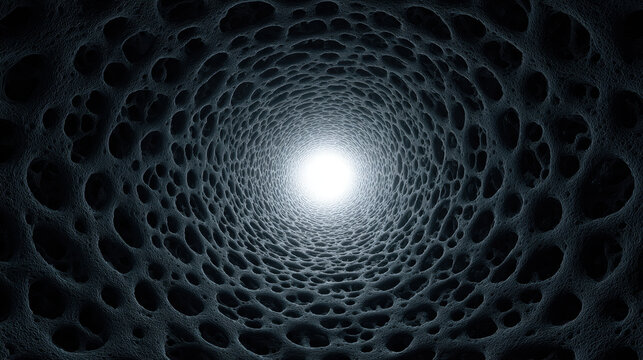 Microscopic cell tunnel with bright light at center, abstract dark tunnel, biological texture, 3d render