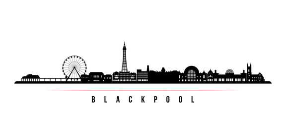 Obraz premium Blackpool skyline horizontal banner. Black and white silhouette of Blackpool, UK. Vector template for your design. 