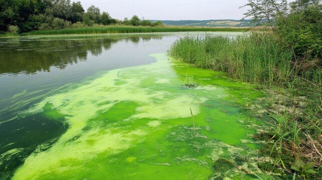 Intense green algae bloom covering the surface of a pond with surrounding marsh vegetation and a hazy sky
