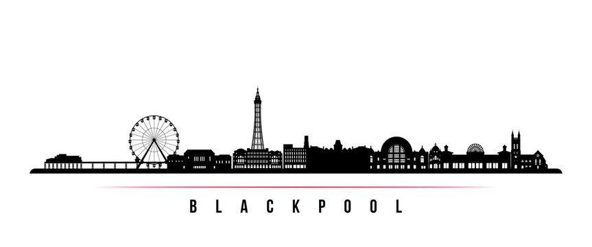 Blackpool skyline horizontal banner. Black and white silhouette of Blackpool, UK. Vector template for your design. 