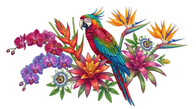 Vibrant tropical macaw parrot perched among exotic orchids and colorful jungle flowers isolated