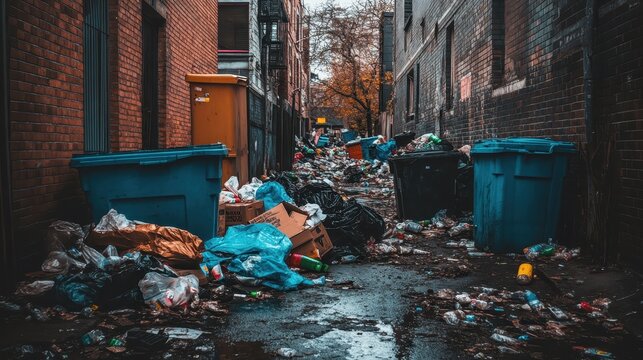 Overcast urban alleyway with extensive illegal dumping and overflowing trash bins