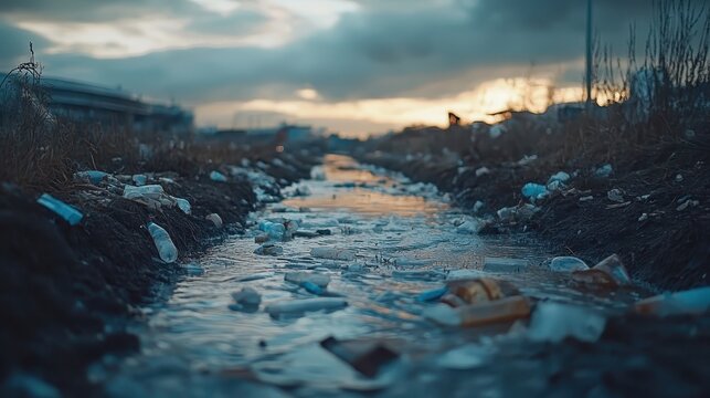 Plastic pollution floating down an overcast urban drainage canal, showcasing a critical environmental issue