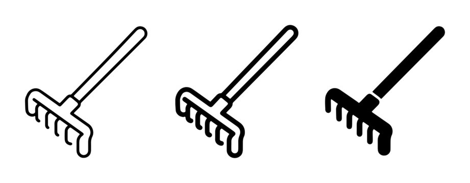 Rake Icons Set, Garden Tool Vector Graphics, Leaf Collection Tools, Lawn Care Equipment, Agricultural Implements, Simple Outline and Solid Styles