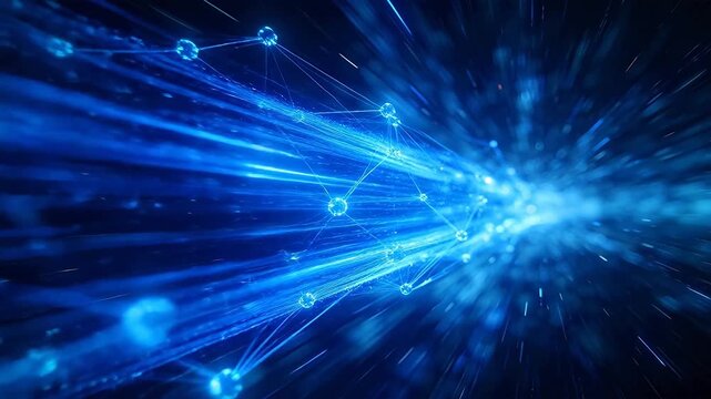 Abstract blue digital network with glowing nodes and connecting lines on dark background