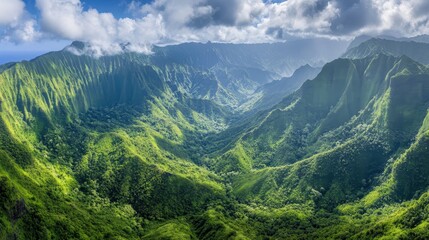 Fototapeta premium Expansive Lush Green Mountain Valleys Under a Bright Daylight Sky