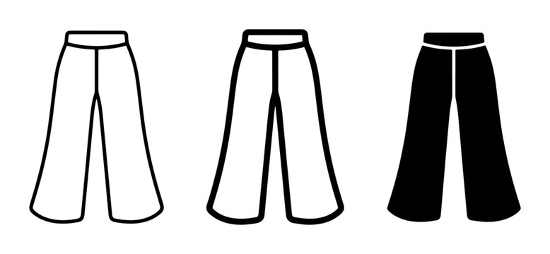 Three styles of wide-leg pants icons, black and white line art and silhouette, fashion apparel vector set for design