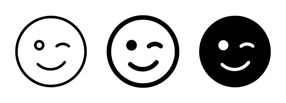 Winking Face Icons, Simple Smiley Emoticons, Black and White Graphic Symbols for Communication and Expression