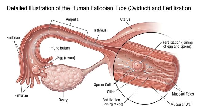 Detailed Illustration of the Human Fallopian Tube (Oviduct) and Fertilization: View of Ovary, Fimbriae, Infundibulum, Ampulla, Isthmus and Enlarged Inset Showing Sperm Cells Meeting the Ovum Within th