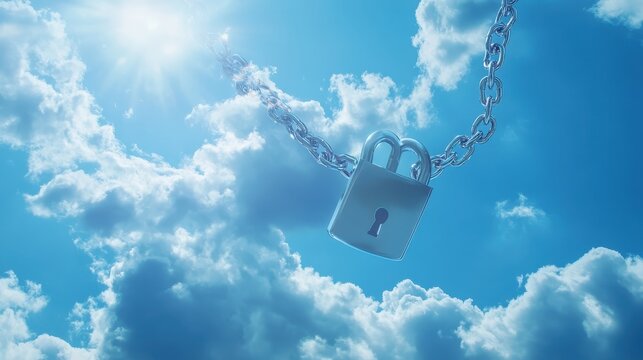 Secure Cloud Data Protection Visualized with Digital Padlock and Chain Against a Bright Sky Background