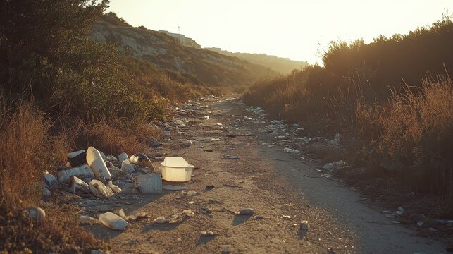 Plastic waste and discarded items marring a sunny rural roadside with broken glass scattered across the path