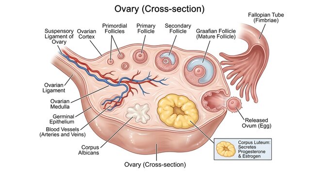 Ovary Cross‑Section: Comprehensive Illustration of Ovarian Ligaments, Cortex and Medulla, Primordial, Primary, Secondary and Graafian Follicles, Corpus Luteum and Albicans, Blood Vessels and Connectio