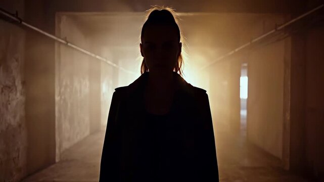 Backlit female silhouette stands in hazy corridor, framed by glowing light and drifting smoke, creating a tense cinematic hallway scene with mystery, isolation, suspense and dramatic atmosphere.