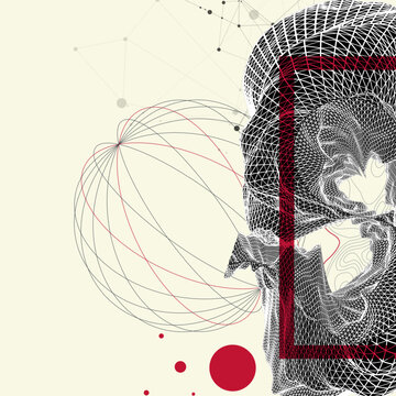 Abstract art composition with wireframe waves, geometric shapes, dots, and lines. Vector