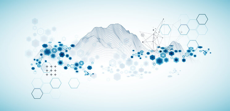 Abstract science background with hexagons and wireframe mountains. Vector art  illustration.