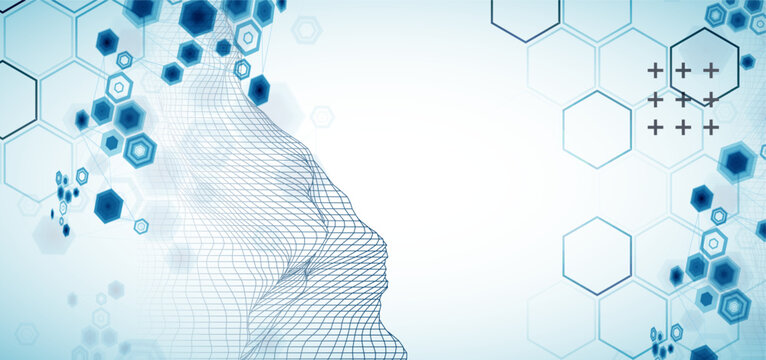 Abstract science background with hexagons and wireframe mountains. Vector art  illustration.