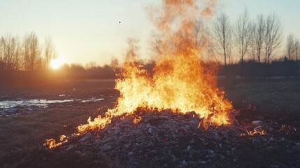 Fototapeta premium Large Bonfire Ignites in Rural Field at Sunset with Dramatic Flames and Smoke Billowing into the Evening Sky