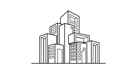 Obraz premium Black and white line art illustration of a cluster of modern city buildings and skyscrapers.