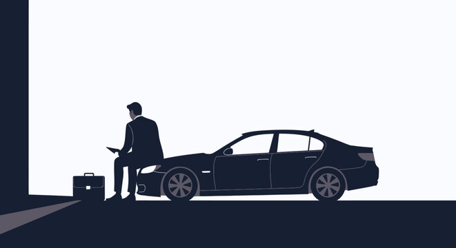 A businessman in a suit sits on the bumper of a black car, looking at his phone with a briefcase nearby, in a minimalist illustration.