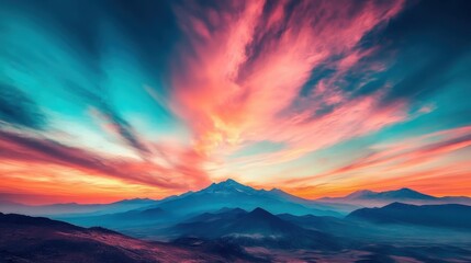Obraz premium Majestic Mountain Peaks Illuminated by a Vibrant Sunrise Sky with Dramatic Clouds