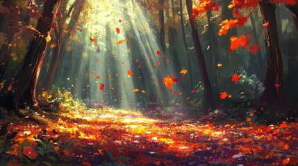 Fototapeta premium A sunlit forest with a rich carpet of colorful leaves and a sense of tranquility and balance