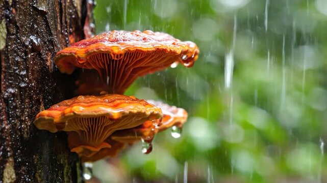 Orange bracket fungi growing on tree bark during rain.