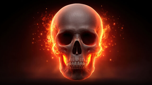 Burning skull with fire in eye socket and mouth, dark background, horror concept, glowing flame, dramatic light