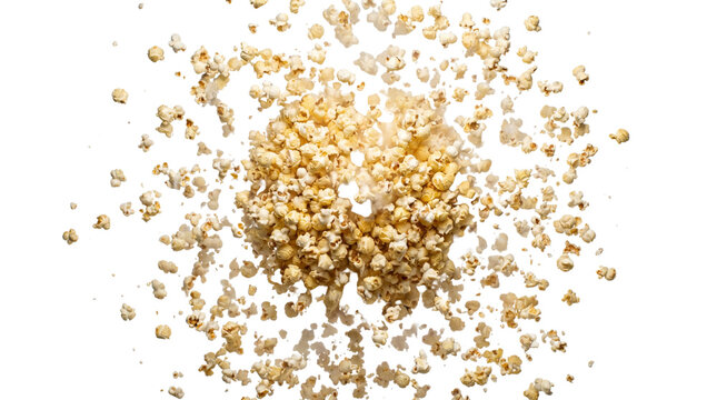Golden popcorn kernels, popcorn explosion, yellow cereal grains, food ingredients