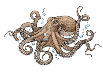 Detailed hand drawn octopus illustration swimming with air bubbles on white background showing marine life ocean creature and nautical wildlife art style. © shamim shamim