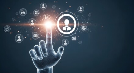Naklejka premium Hand pointing and pressing a glowing digital button surrounded by floating profile icons representing a social network or HR system.