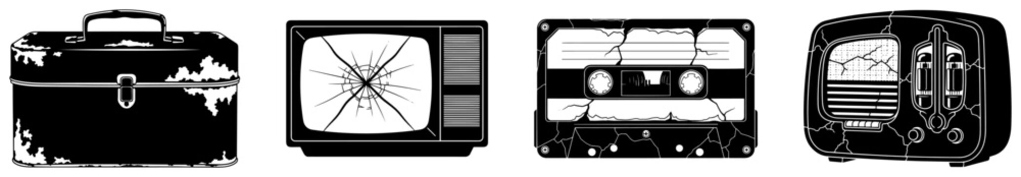 Retro electronic objects including broken television and vintage radio in distressed silhouette style