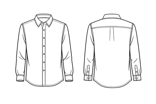 Contemporary Monochrome Shirt Flat Sketch Vector Premium Fashion CAD Apparel Mockup with Detailed Collar and Sleeves 
