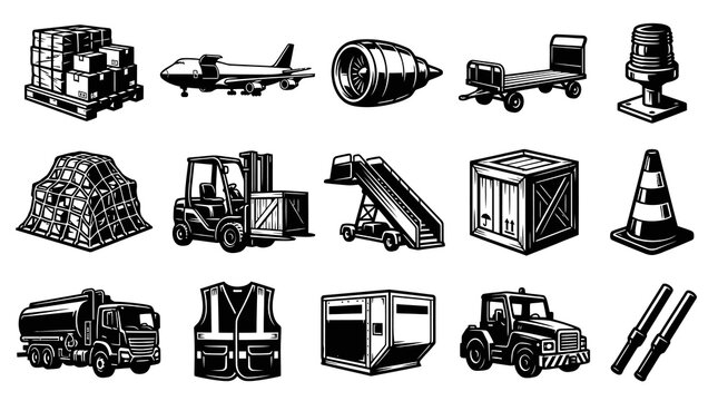 Air Cargo Logistics Vector Icons Set: Airport Freight, Ground Support Vehicles in Black and White Line Art