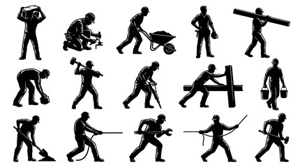 Fototapeta premium Construction Workers Silhouette Set: Builders, Laborers, and Handymen Vector Glyphs Icons