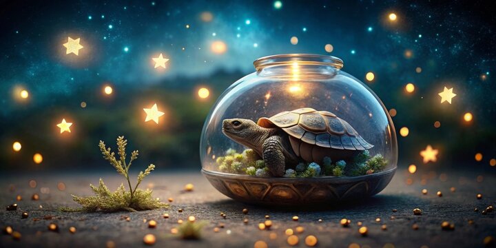 A tortoise dreams within a magical glass sphere, illuminated by celestial stars and surrounded by tiny golden lights, a tiny plant sprouts nearby