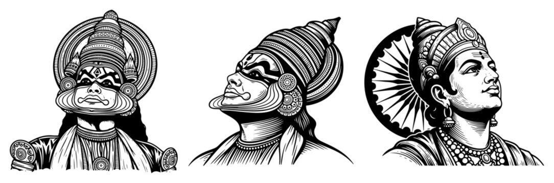 Kathakali dancers and traditional Indian theatrical characters in black and white woodcut style