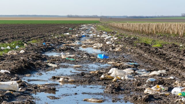 Rural farmland polluted with plastic waste and muddy runoff under a clear blue sky.