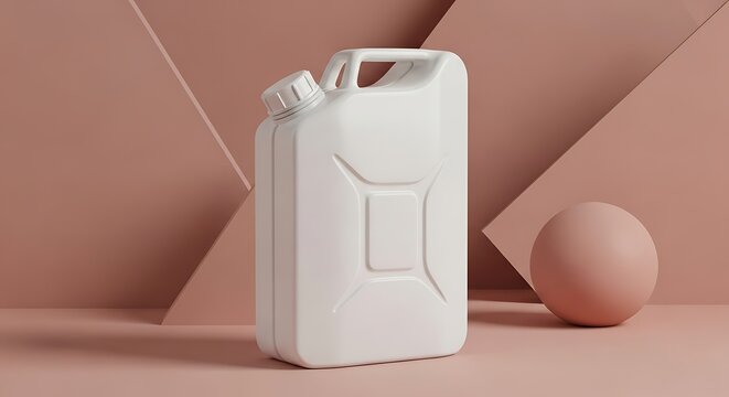White plastic jerry can fuel container on dusty rose background with geometric sphere accent for industrial storage designs