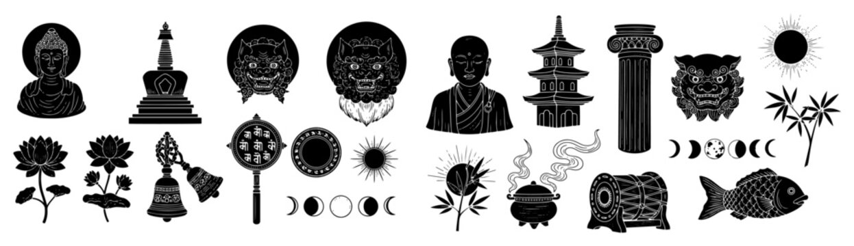 Buddhist symbols and asian culture icons collection in hand drawn silhouette style