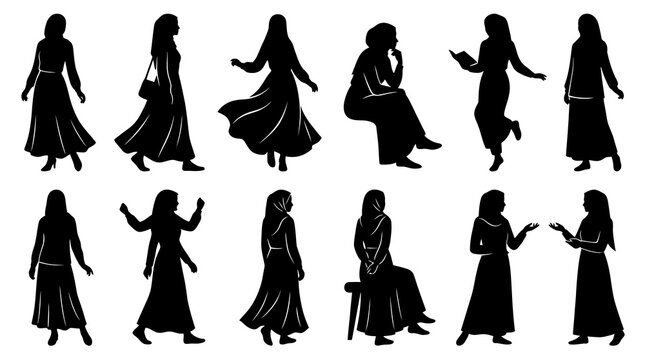Black Silhouette Vector Set of Diverse Muslim Women in Hijab  Modest Attire, Lifestyle  Culture