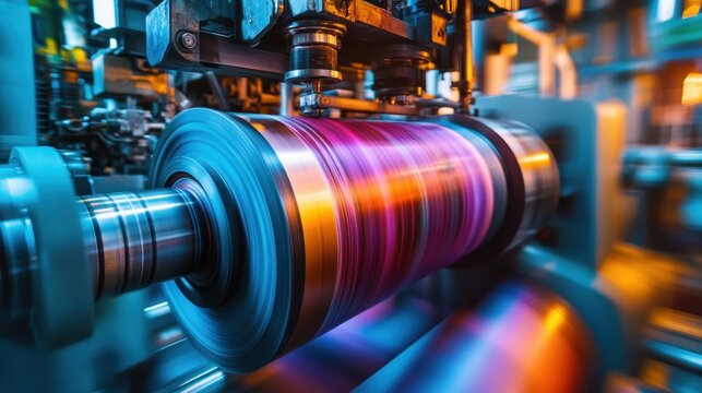 Vibrant Industrial Offset Printing Cylinder in Motion Under Studio Lighting, Showcasing Dynamic Color Application