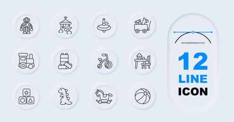 Kids toys set icon. Line style icons display robot toy, hanging mobile, spinning top, toy cart, train engine, building blocks, tricycle, play table, shape blocks, dinosaur toy, rocking horse, ball © Anastasia