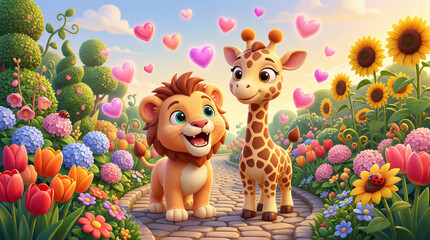 Naklejka premium A cartoon lion and giraffe standing on a path in a vibrant flower garden with hearts floating above them.
